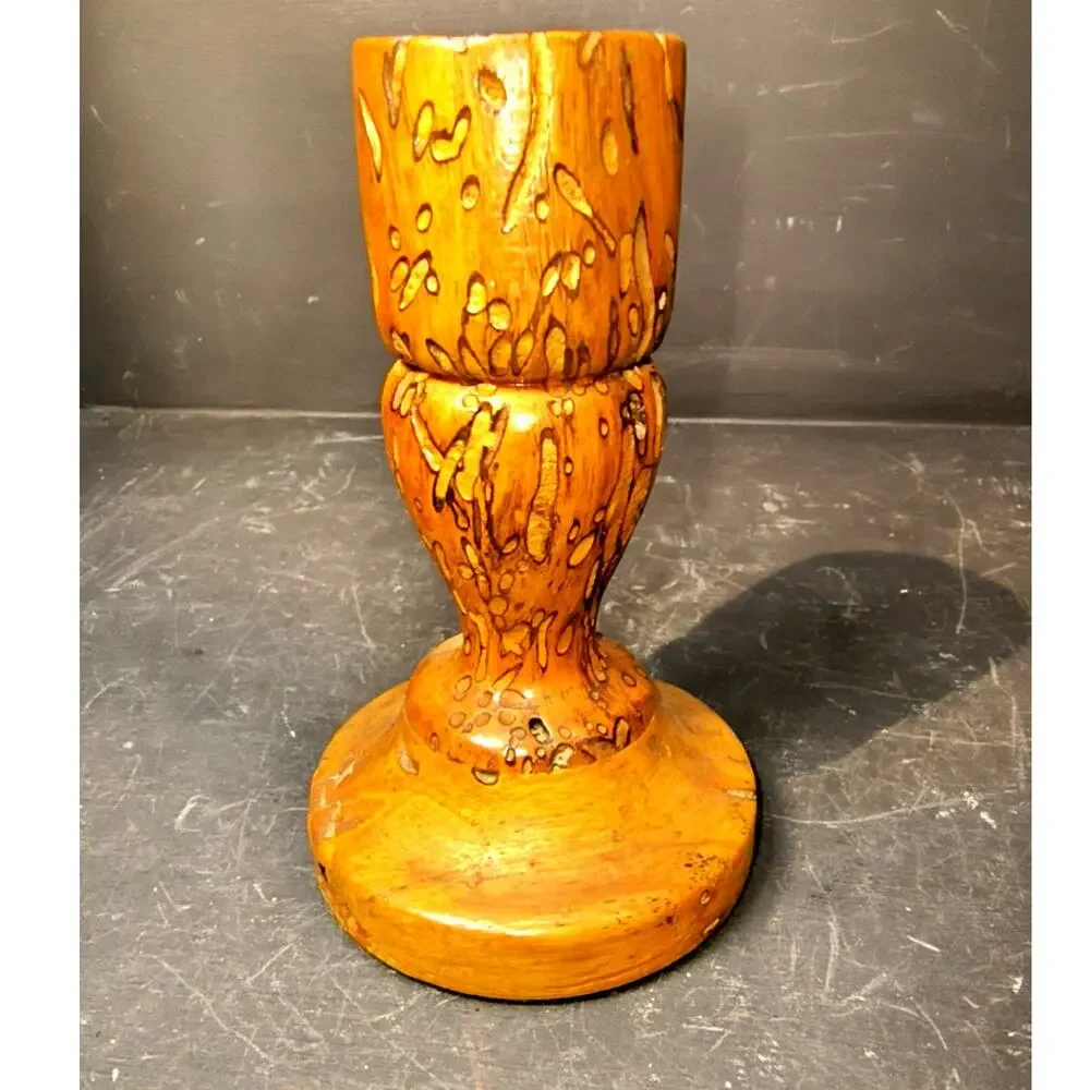 1995.  Burled Hand Turned Natural Wooden Candlestick Holder